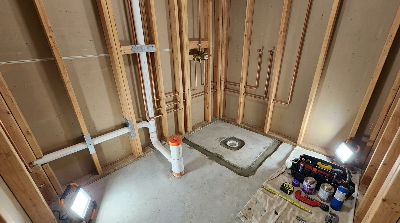 Bathroom rough-in plumbing during remodel by Johns Plumbing LLC in Lisbon Falls