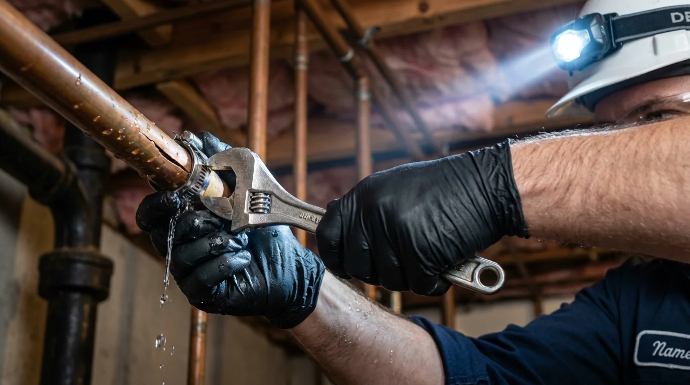 Emergency pipe clamp repair being performed by a Johns Plumbing LLC plumber in Lisbon Falls