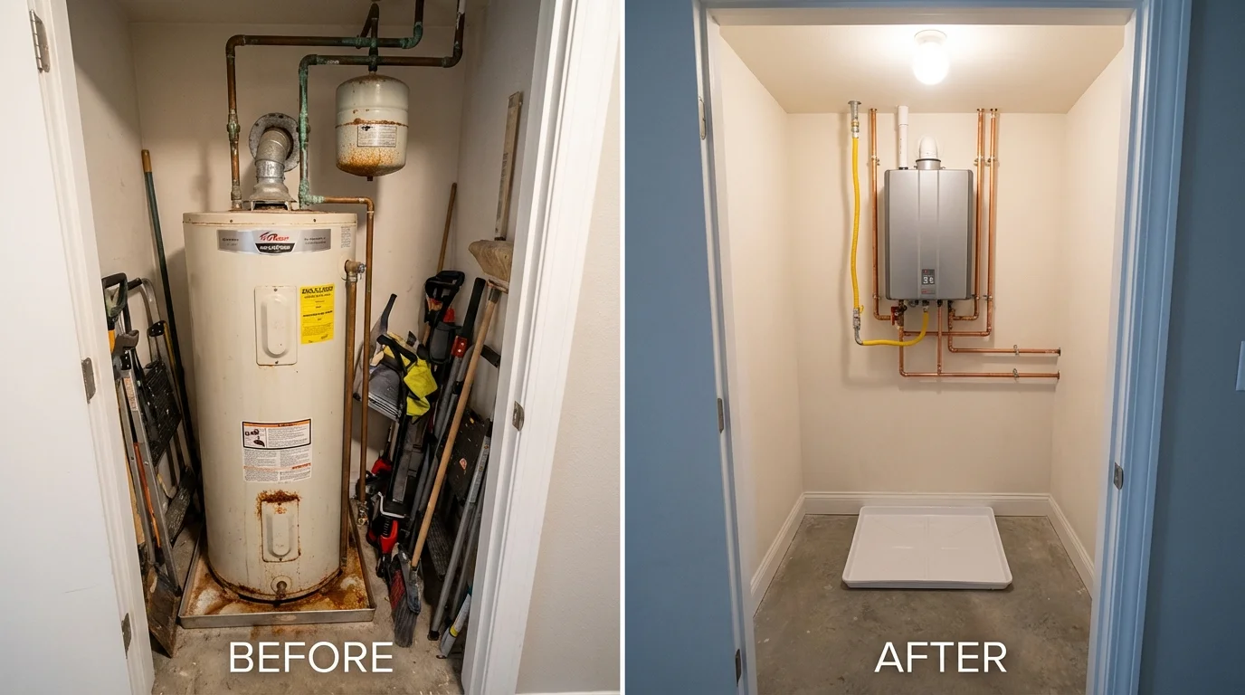 Tank water heater versus wall-mounted tankless unit comparison for Lisbon Falls, ME homeowners