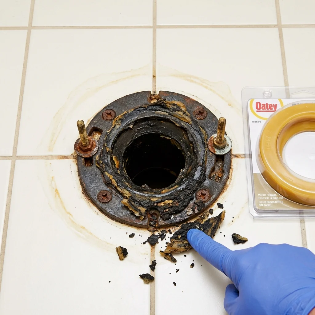 Failed wax ring showing water seepage at the base of a toilet in a Lisbon Falls, ME home
