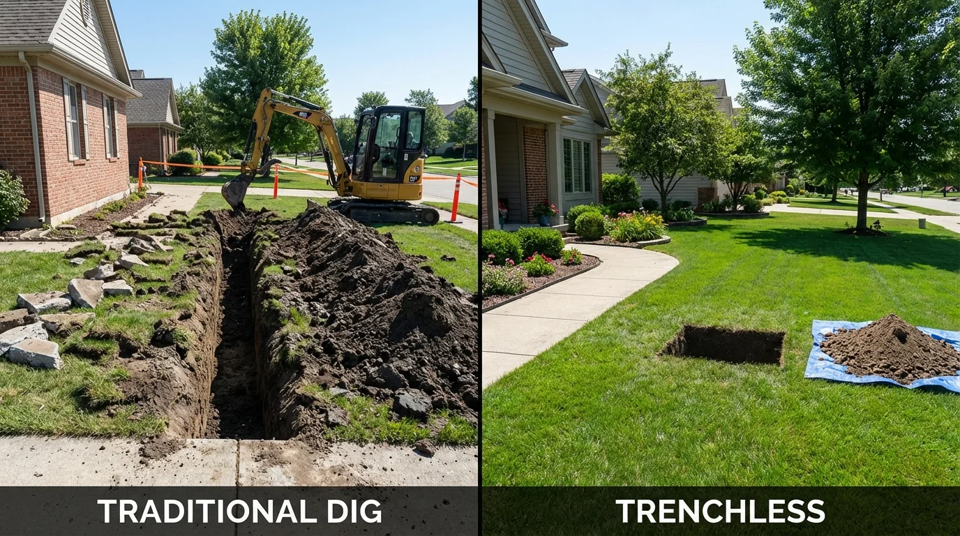 Trenchless sewer repair with minimal yard damage versus traditional excavation in Lisbon Falls, ME