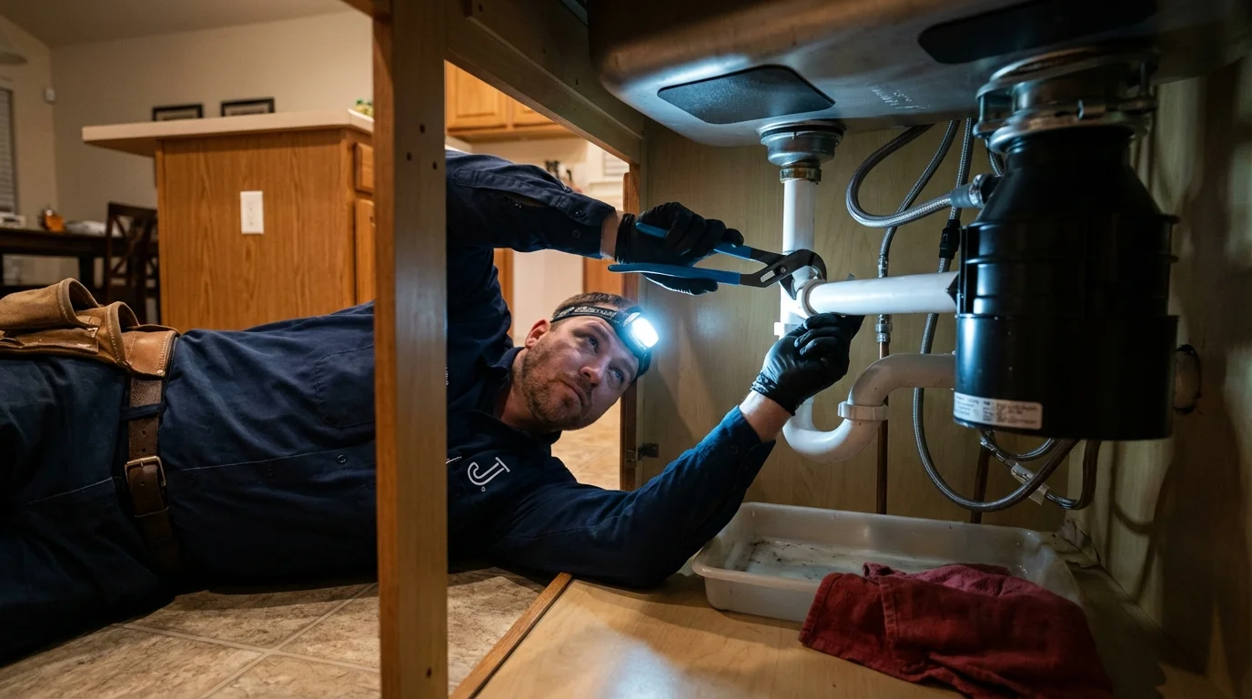 P-trap and supply line connections under a kitchen sink showing a common leak point in Lisbon Falls, ME